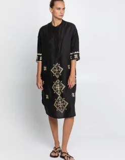Greek Archaic Kori Lefkada Midi Shirt Dress - Black and Gold Hot