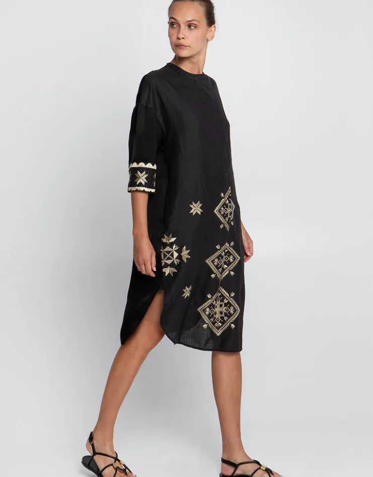 Greek Archaic Kori Lefkada Midi Shirt Dress - Black and Gold Hot