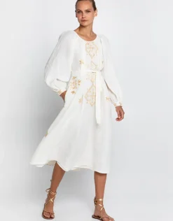 Greek Archaic Kori Lefkada Round Neck Midi Kaftan Dress - Natural and Gold Sale