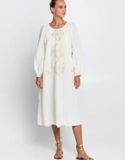 Greek Archaic Kori Lefkada Round Neck Midi Kaftan Dress - Natural and Gold Sale