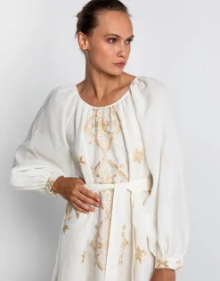 Greek Archaic Kori Lefkada Round Neck Midi Kaftan Dress - Natural and Gold Sale