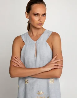 Greek Archaic Kori Lefkada Sleeveless Midi Dress - Light Grey and Gold Fashion