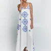 Greek Archaic Kori Lefkada Strappy Maxi Dress - White and Blue Fashion