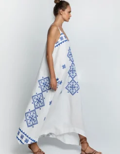 Greek Archaic Kori Lefkada Strappy Maxi Dress - White and Blue Fashion