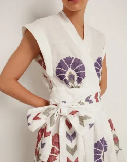 Greek Archaic Kori Mini Peacocks Wrap Midi Dress - White and Purple Online