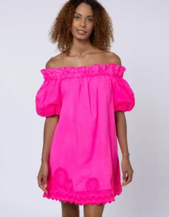 Juliet Dunn Poplin Off Shoulder Mini Dress with Ric-Rac - Indian Pink Clearance