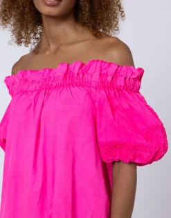 Juliet Dunn Poplin Off Shoulder Mini Dress with Ric-Rac - Indian Pink Clearance