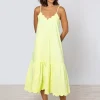 Juliet Dunn Poplin V-Neck Midi Dress with Cord Flower - Sherbet Lemon Sale