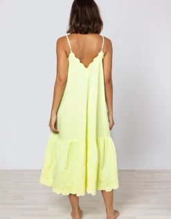 Juliet Dunn Poplin V-Neck Midi Dress with Cord Flower - Sherbet Lemon Sale