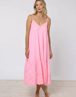 Juliet Dunn Poplin V-Neck Midi Dress with Cord Flower - Pink Grapefruit Hot