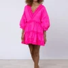 Juliet Dunn Poplin V-Neck Tiered Mini Dress with Ric-Rac - Indian Pink Fashion