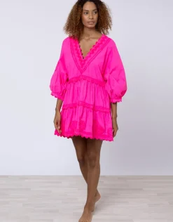 Juliet Dunn Poplin V-Neck Tiered Mini Dress with Ric-Rac - Indian Pink Fashion