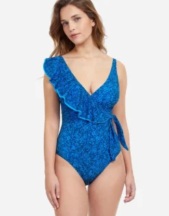 Gottex Profile Mehndi Ruffle Surplice Swimsuit - Blue New