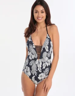 Seafolly Royal Horizon Deep V Maillot - Blue Clearance