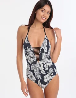 Seafolly Royal Horizon Deep V Maillot - Blue Clearance