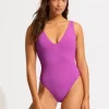 Seafolly Sea Dive Deep V Neck Swimsuit - Violet New
