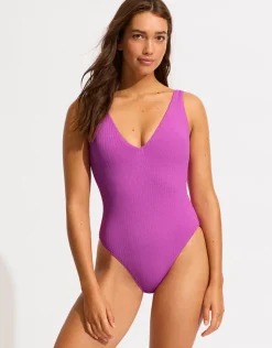 Seafolly Sea Dive Deep V Neck Swimsuit - Violet New