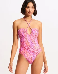 Seafolly Sea Skin Bandeau Swimsuit - Fuchsia Rose Discount