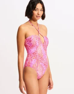 Seafolly Sea Skin Bandeau Swimsuit - Fuchsia Rose Discount