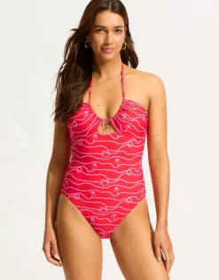 Seafolly Set Sail Drawstring Halter Swimsuit - Chilli Red Outlet