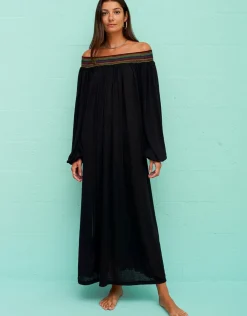Pitusa Smocked Off the Shoulder Dress - Black Clearance