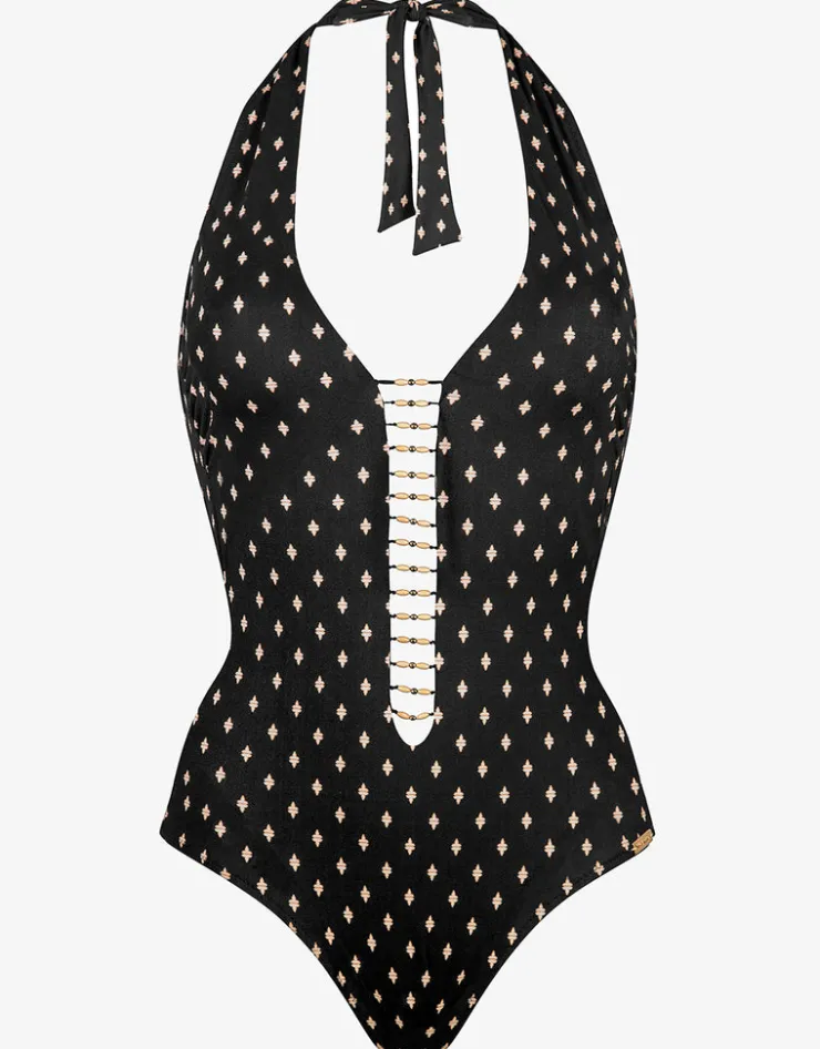 Watercult Soul Spots Plunge Halter Swimsuit - Black Best