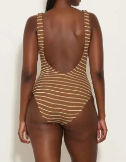Hunza G Square Neck Swimsuit - Metallic Cocoa Stripe Online