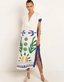 Greek Archaic Kori Sun Midi Kaftan - White Green and Blue Hot