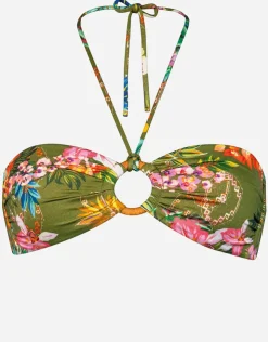 Watercult Sunset Florals Ring Front Bandeau Bikini Top - Warm Olive Clearance