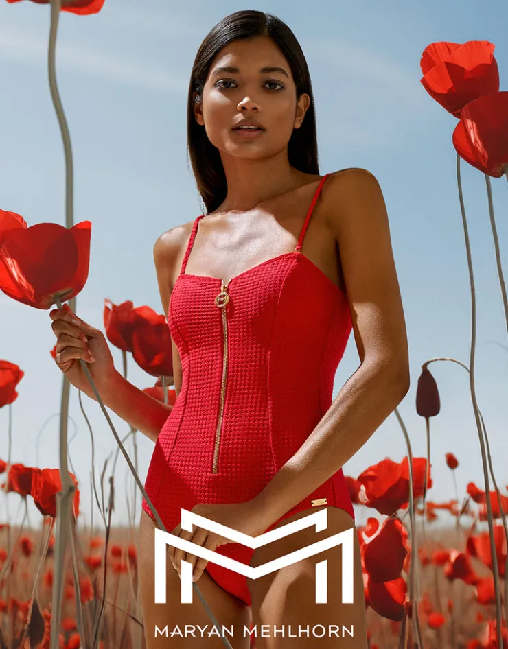 Maryan Mehlhorn The Bloom Zipped Bandeau Swimsuit - Radiant Red Discount