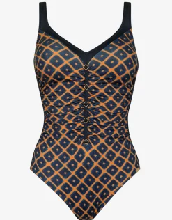 Charmline Tobacco Fields Detail Front Swimsuit - Tabac Black New